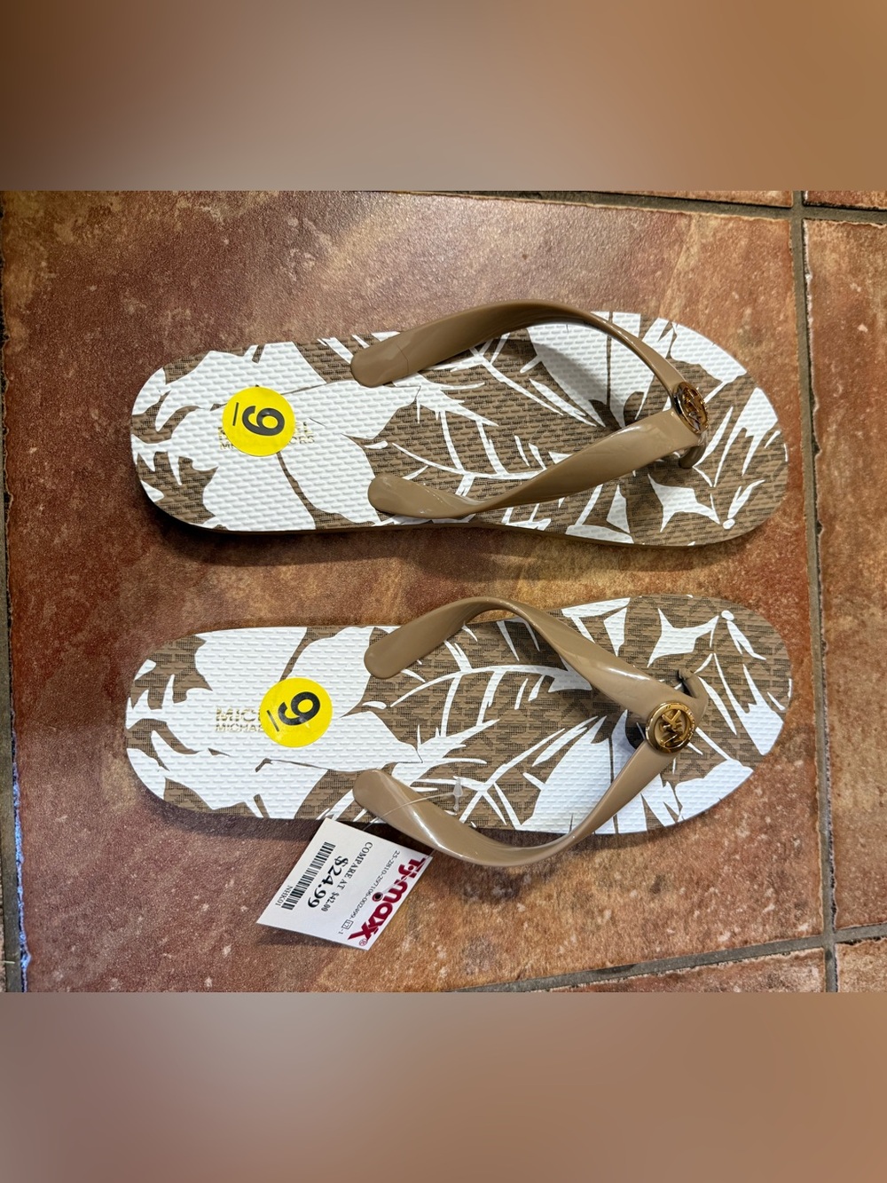 Michael Kors Beige Leaf-Print Flip Flop Sandals